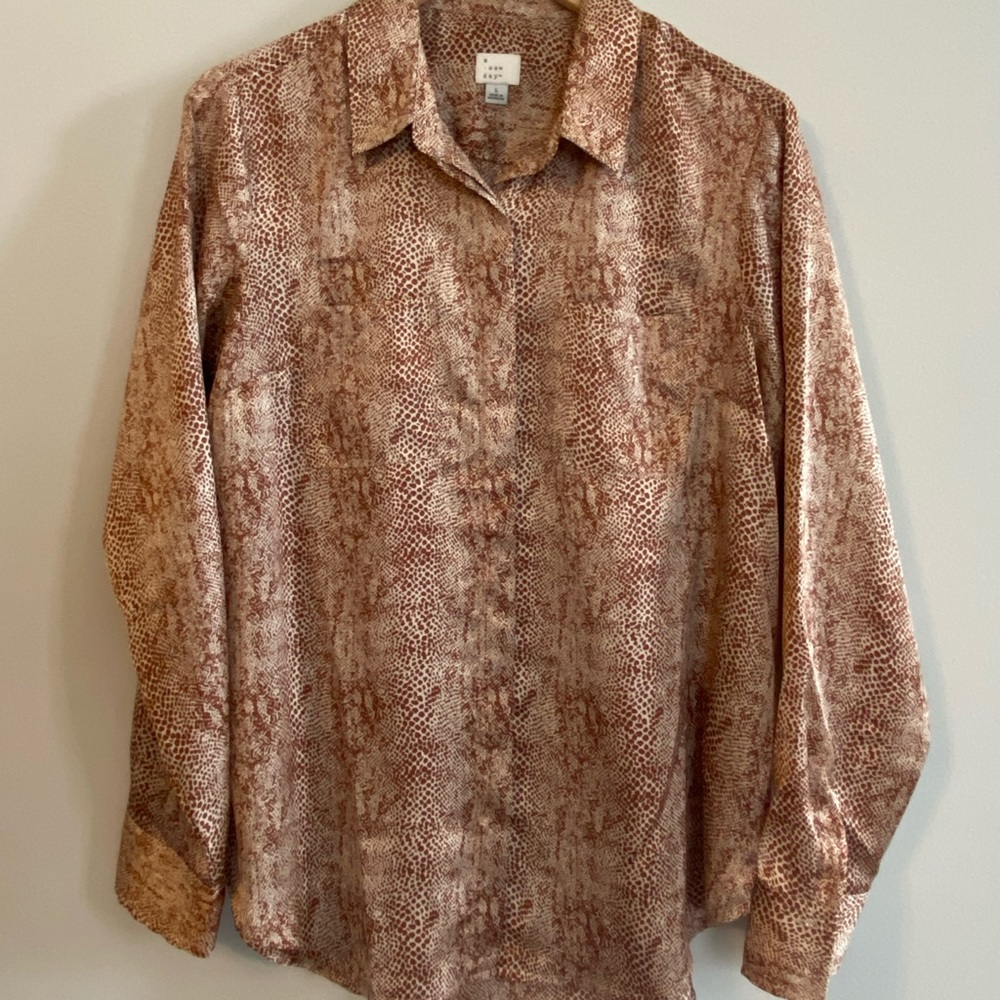 a new day, animal print button down, L